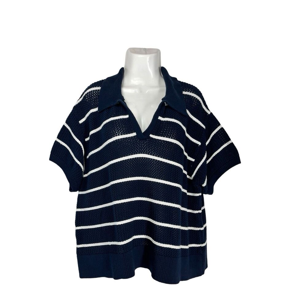 Old Navy Sweater Womens 2XL Navy White Striped Collared Knit Short Sleeve Top